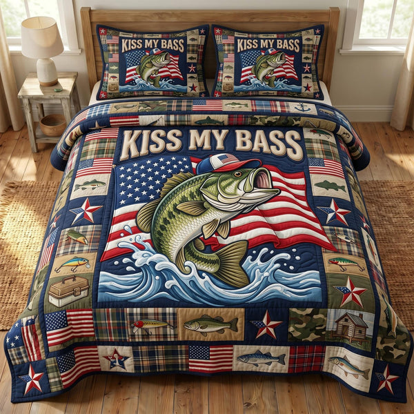 Kiss My Bass quilted 3-piece bedding set on a made bed with two matching pillow shams