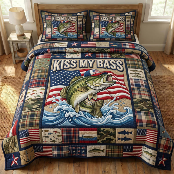 Kiss My Bass quilted 3-piece bedding set on a made bed with two matching pillow shams