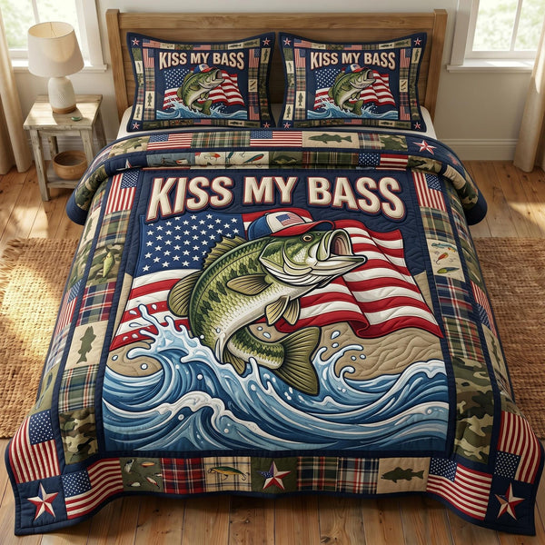 Kiss My Bass quilted 3-piece bedding set on a made bed with two matching pillow shams