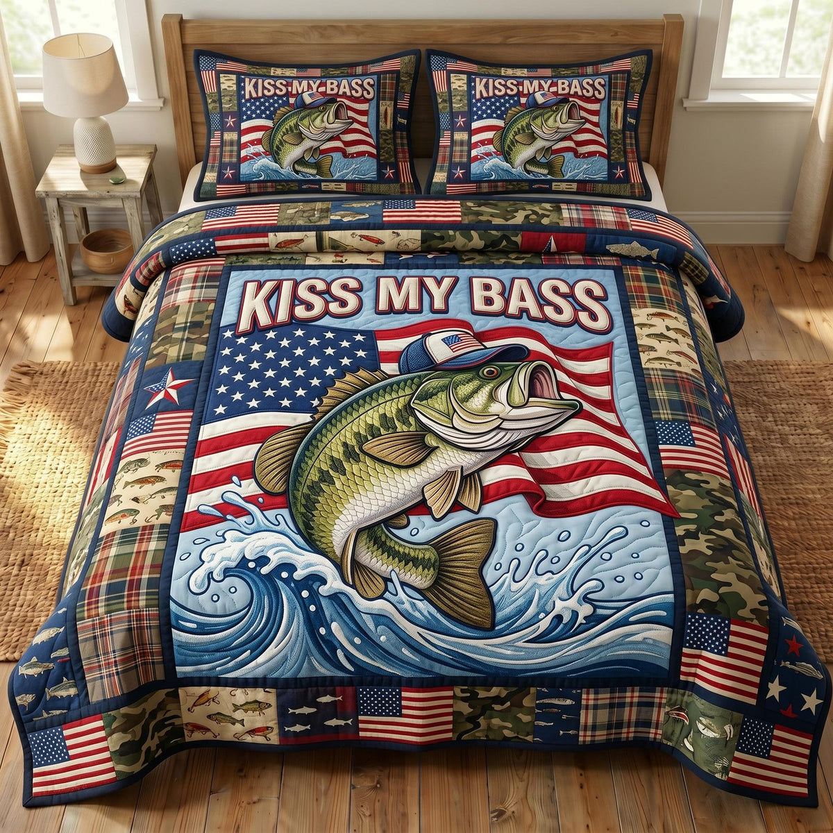 Kiss My Bass quilted 3-piece bedding set on a made bed with two matching pillow shams