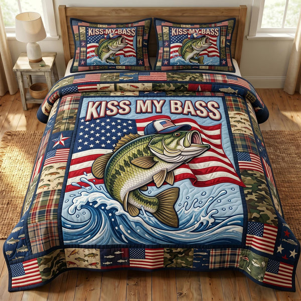 Kiss My Bass quilted 3-piece bedding set on a made bed with two matching pillow shams