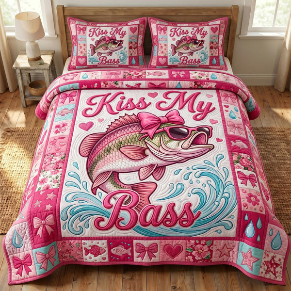 Kiss My Bass quilted 3-piece bedding set on a made bed with two matching pillow shams