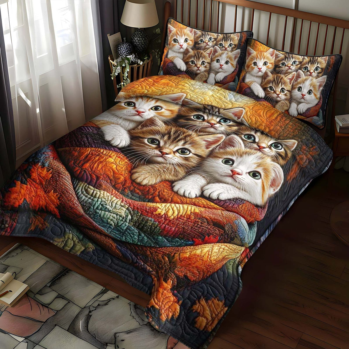 Kitten Bundle quilted 3-piece bedding set on a made bed with two matching pillow shams