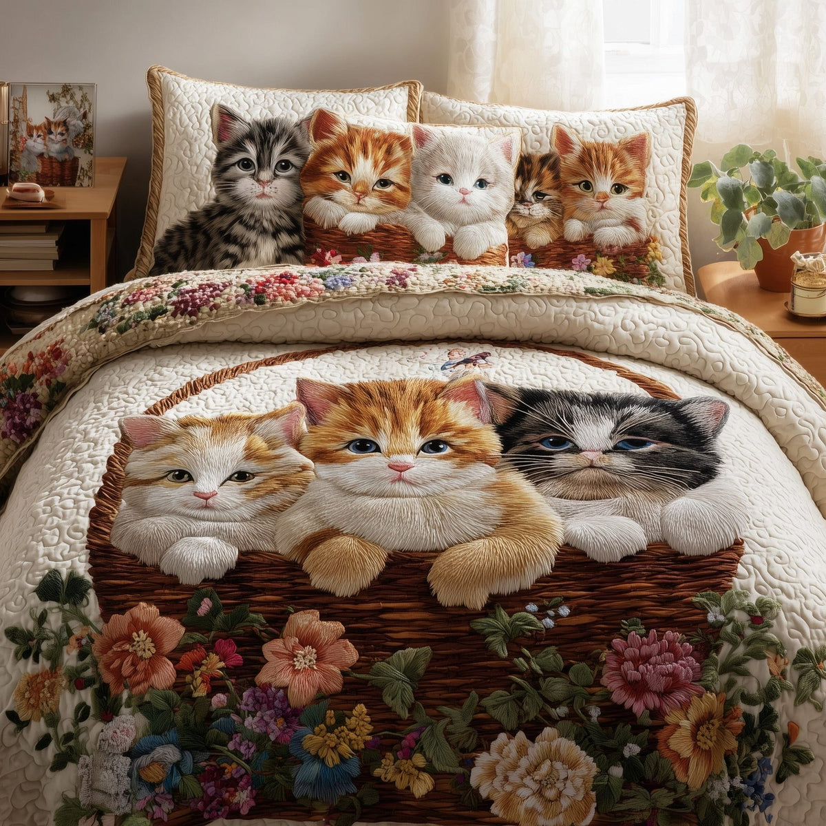 Kittens Garden quilted 3-piece bedding set on a made bed with two matching pillow shams