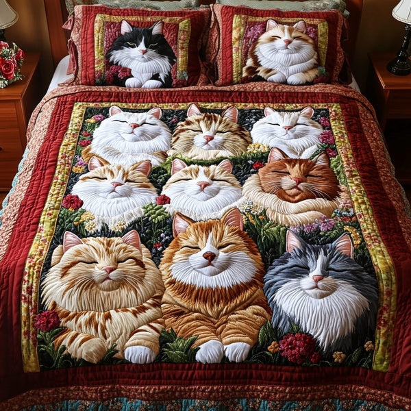 Kitty Bliss quilted 3-piece bedding set on a made bed with two matching pillow shams