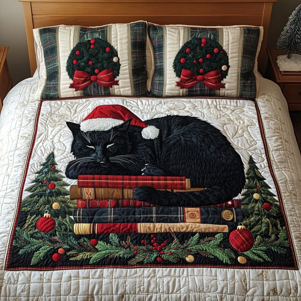 Kitty Christmas Tales quilted 3-piece bedding set on a made bed in a winter-styled bedroom