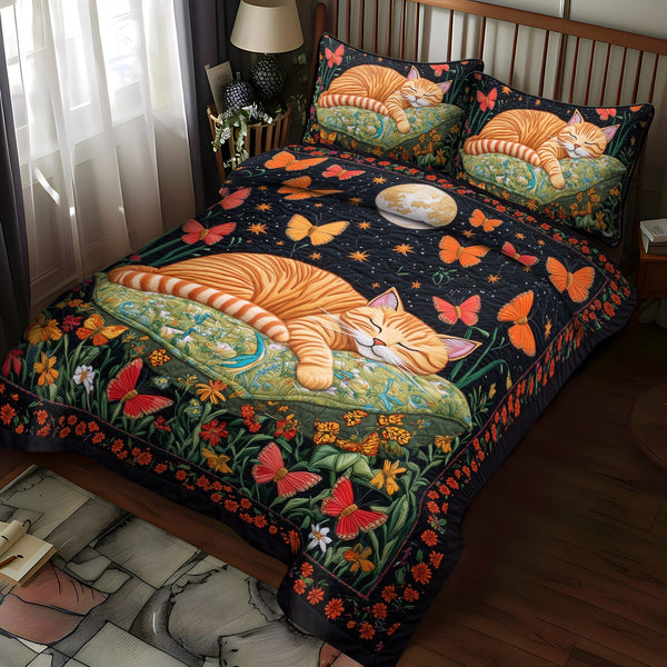 Kitty Dreams quilted 3-piece bedding set on a made bed with two matching pillow shams
