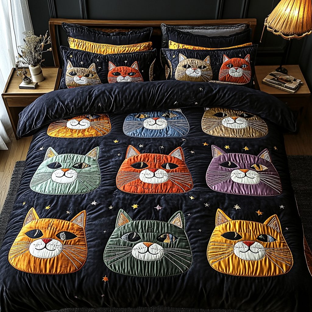 Kitty Dreams quilted 3-piece bedding set on a made bed with two matching pillow shams