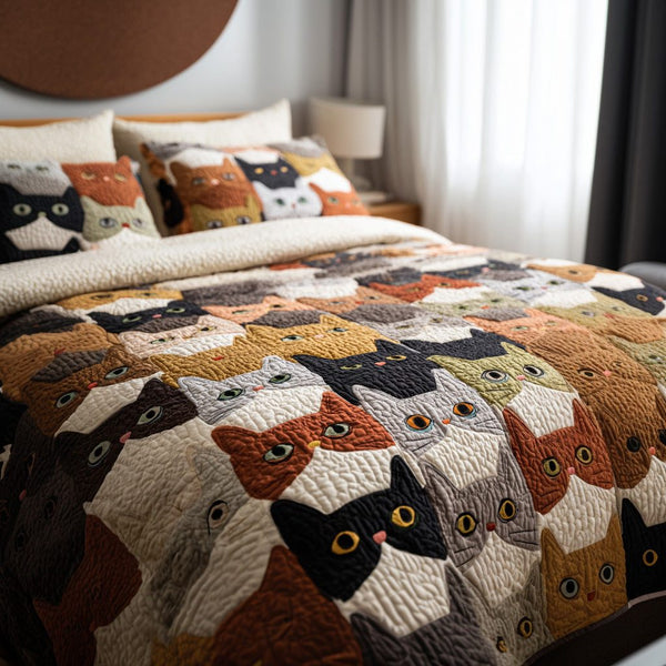 Kitty Mosaic quilted 3-piece bedding set on a made bed with two matching pillow shams
