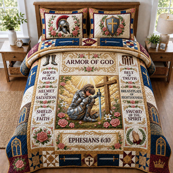 Kneeling Knight quilted 3-piece bedding set on a made bed with two matching pillow shams