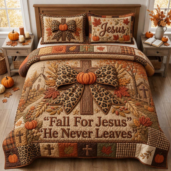 Knight Armor Faith quilted 3-piece bedding set on a made bed in a softly lit bedroom