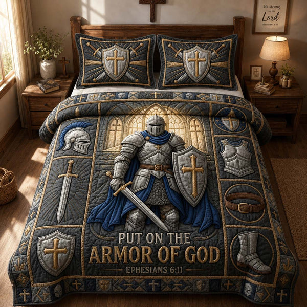 Knight Armor Faith quilted 3-piece bedding set on a made bed in a softly lit bedroom