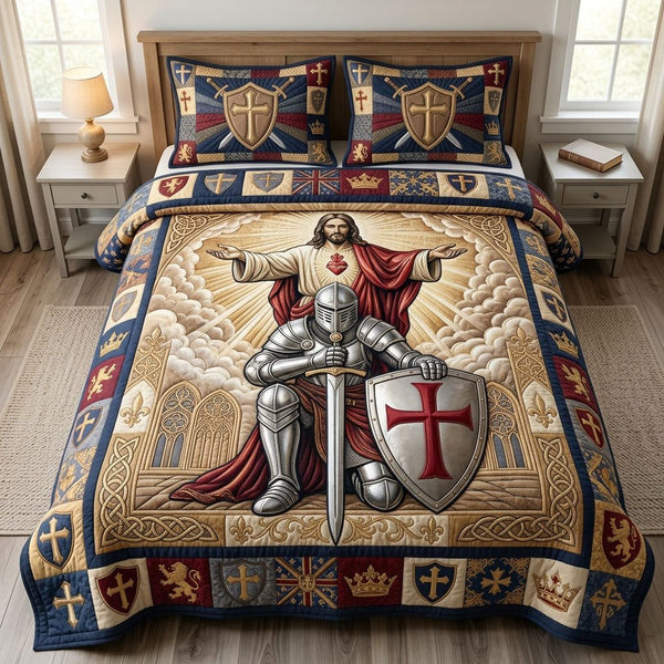 Knight Of Christ quilted 3-piece bedding set on a made bed in a softly lit bedroom