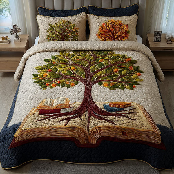 Knowledge Bloom quilted 3-piece bedding set on a made bed with two matching pillow shams