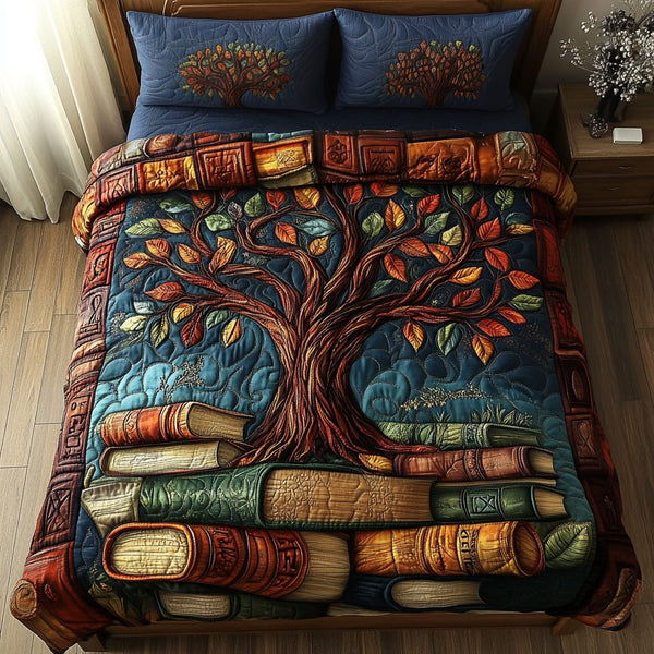 Knowledge Nest quilted 3-piece bedding set on a made bed with two matching pillow shams