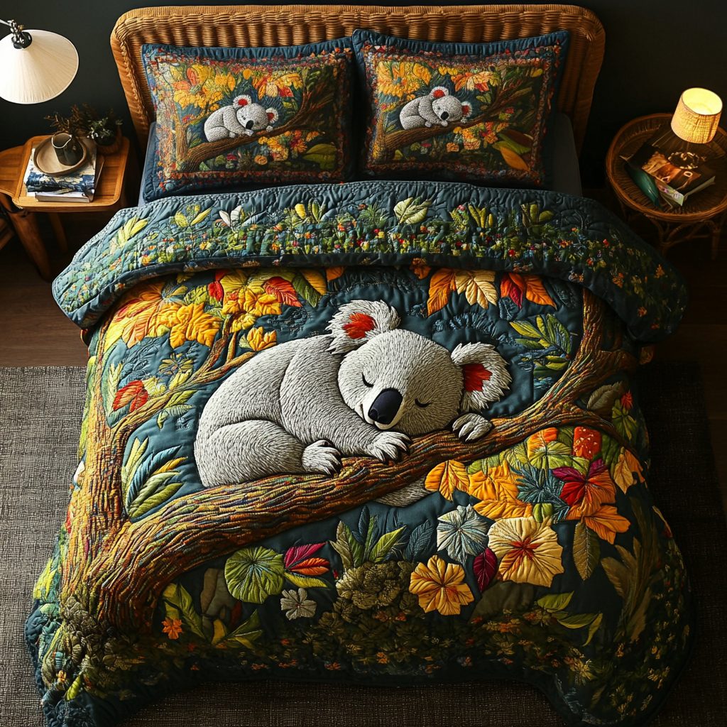 Koala Charm quilted 3-piece bedding set on a made bed with two matching pillow shams