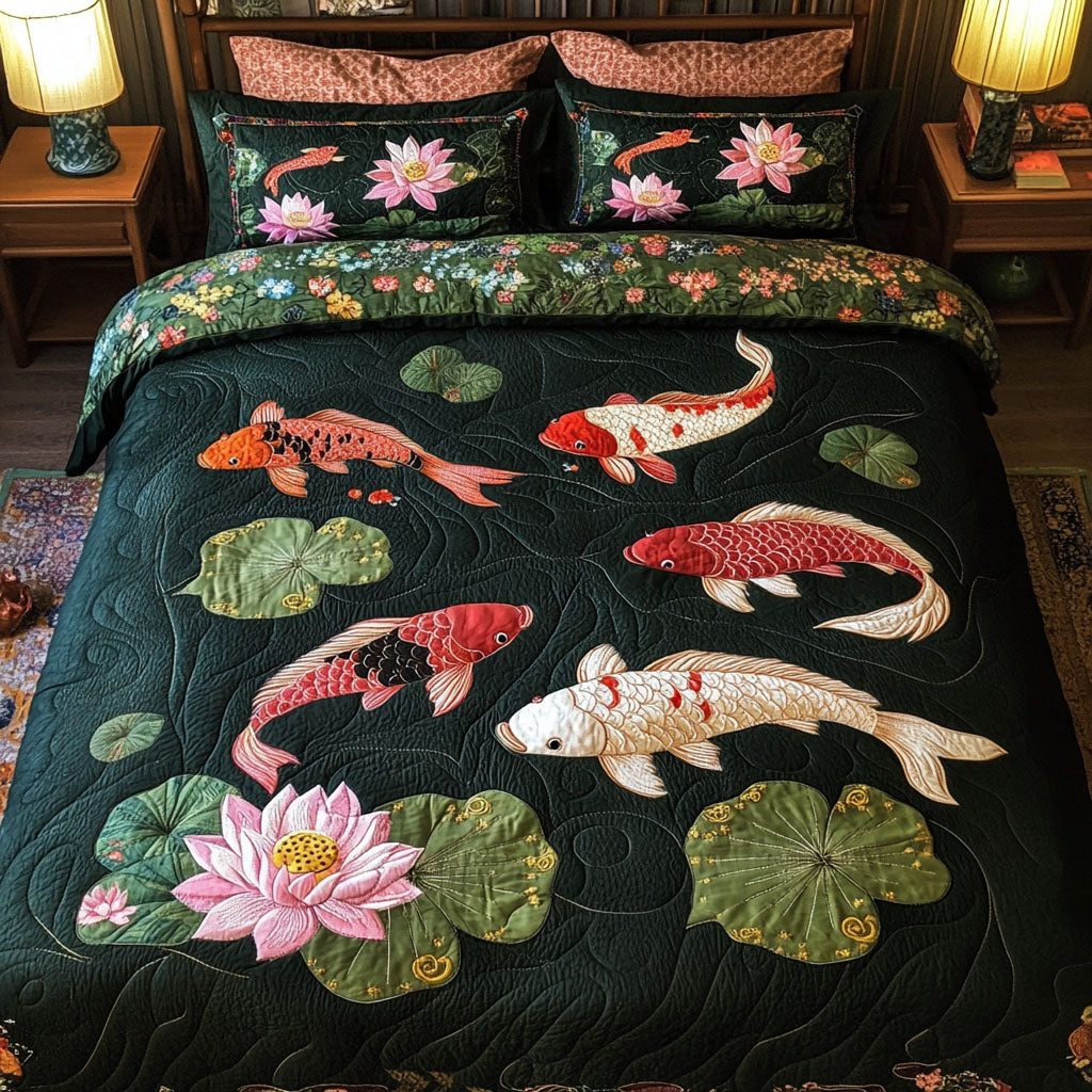 Koi Blossom quilted 3-piece bedding set on a made bed with two matching pillow shams