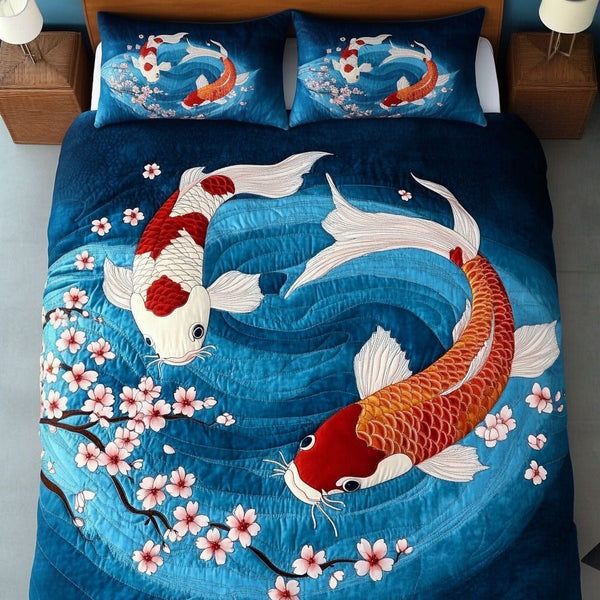 Koi Garden quilted 3-piece bedding set on a made bed with two matching pillow shams