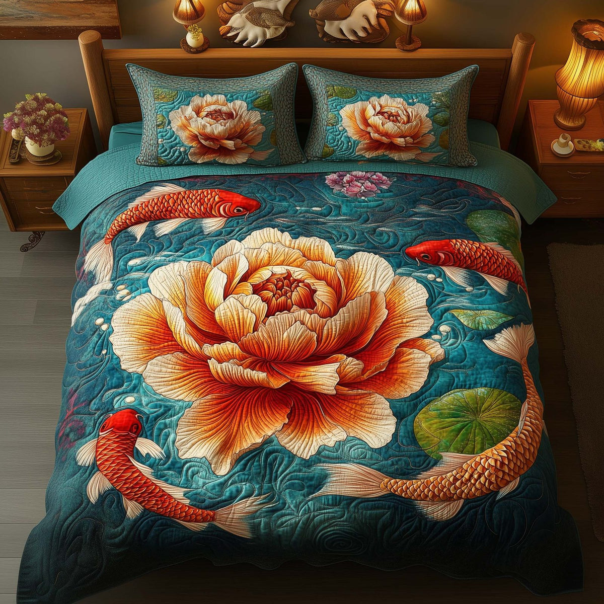 Koi Peony quilted 3-piece bedding set on a made bed with two matching pillow shams
