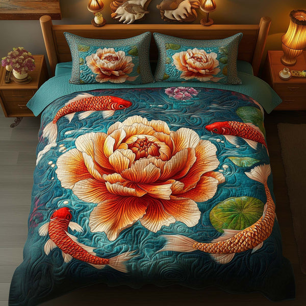 Koi Peony quilted 3-piece bedding set on a made bed with two matching pillow shams