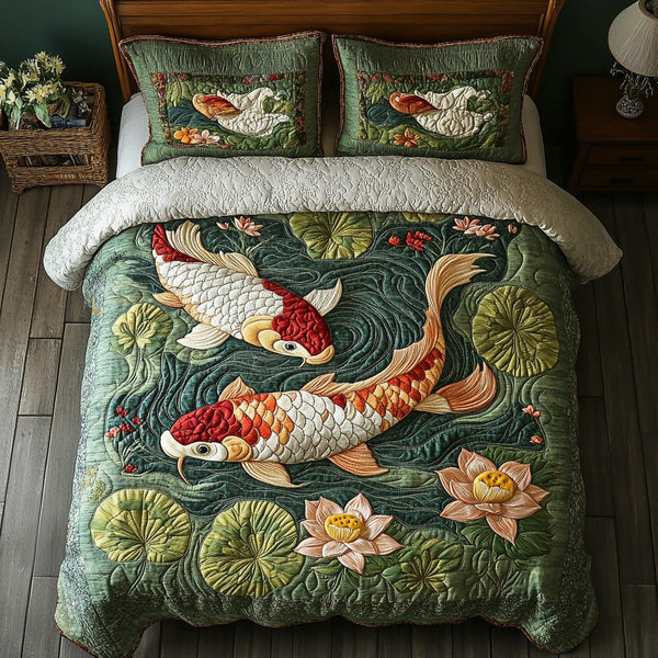Koi Serenity quilted 3-piece bedding set on a made bed with two matching pillow shams