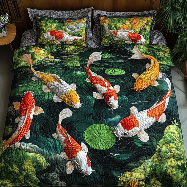Koi Tranquility quilted 3-piece bedding set on a made bed with two matching pillow shams