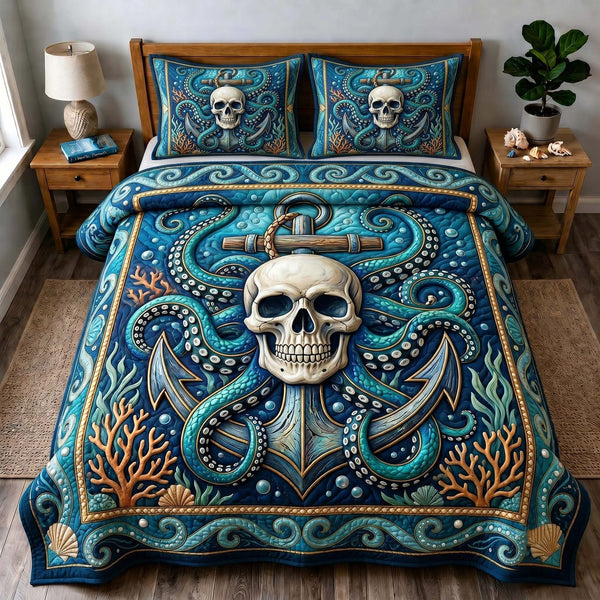 Kraken Anchor quilted 3-piece bedding set on a made bed in a light coastal bedroom