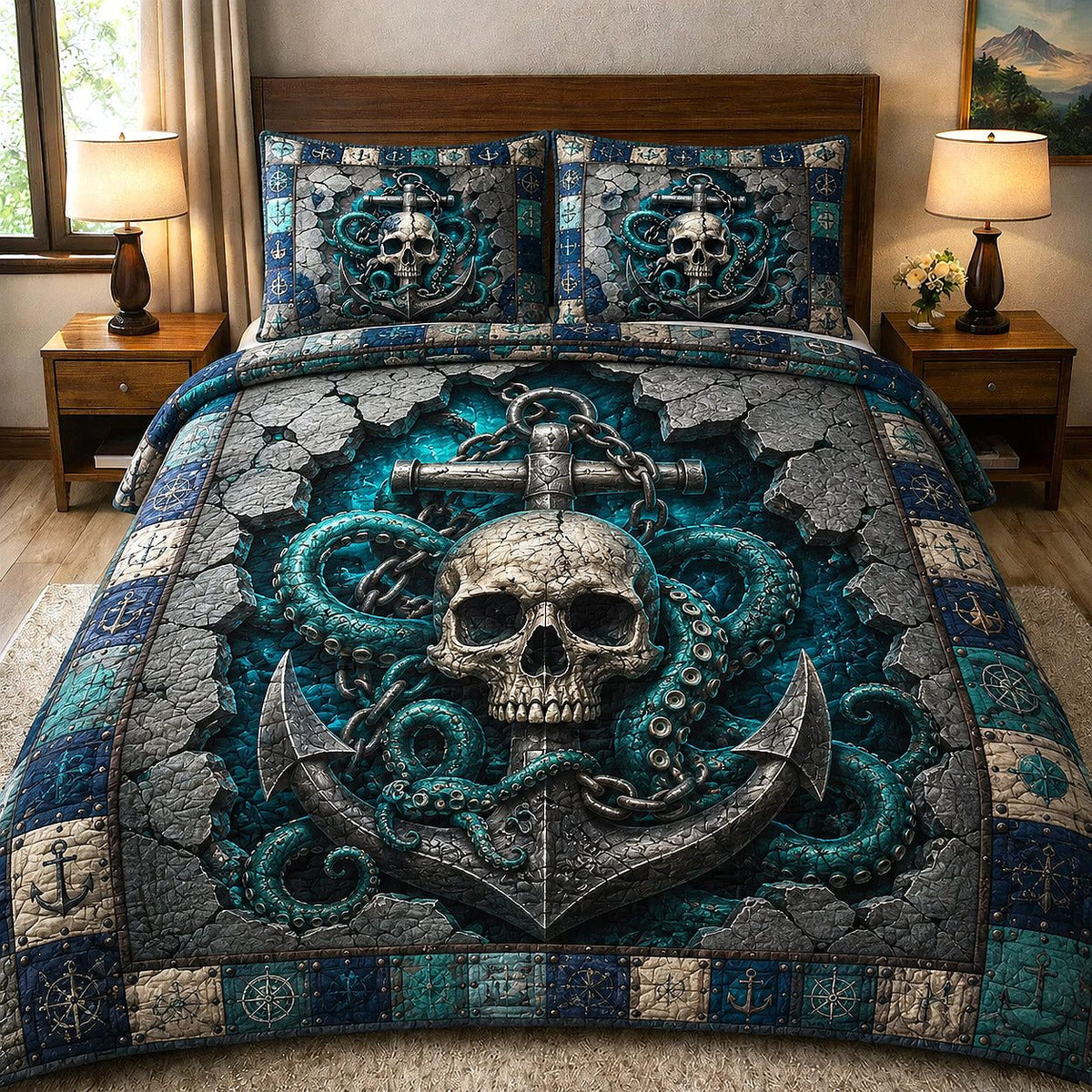 Kraken Anchor quilted 3-piece bedding set on a made bed in a light coastal bedroom