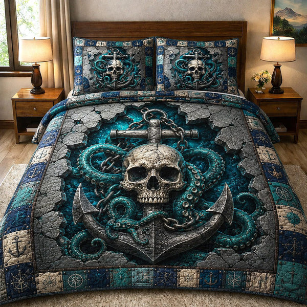 Kraken Anchor quilted 3-piece bedding set on a made bed in a light coastal bedroom