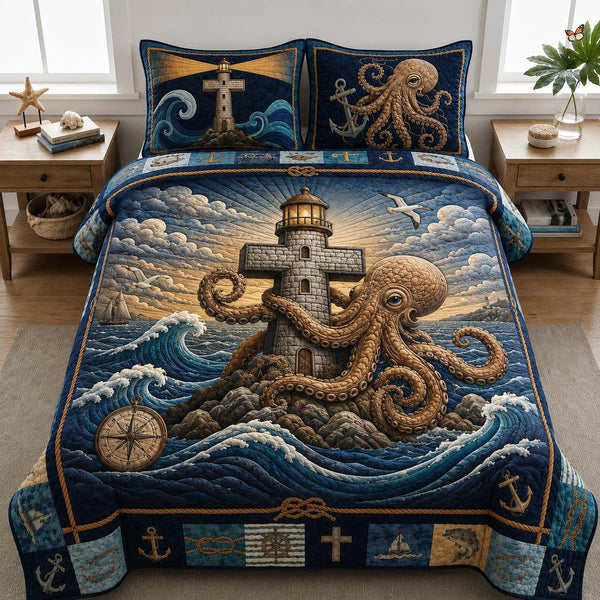 Kraken Lighthouse Faith quilted 3-piece bedding set on a made bed in a softly lit bedroom