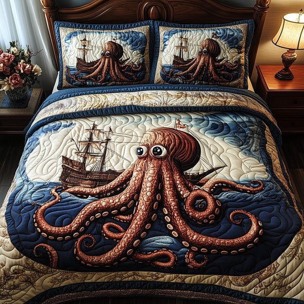 Kraken quilted 3-piece bedding set on a made bed with two matching pillow shams