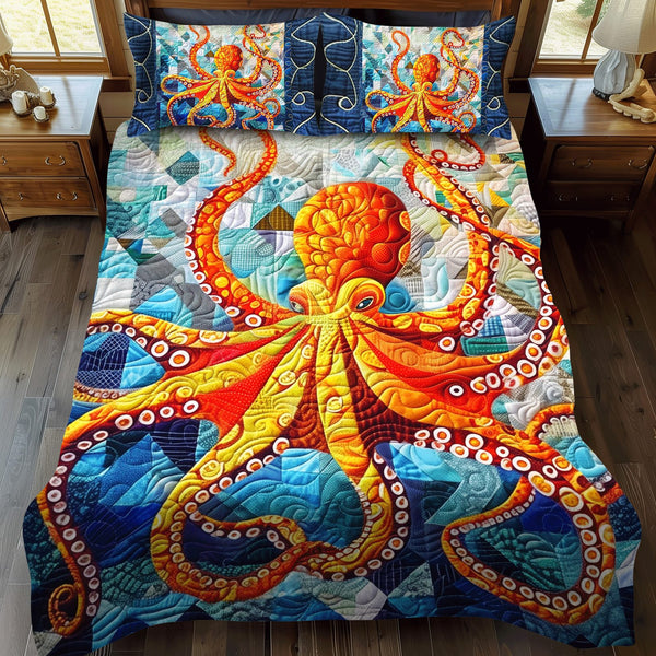 Kraken's Dance quilted 3-piece bedding set on a made bed with two matching pillow shams