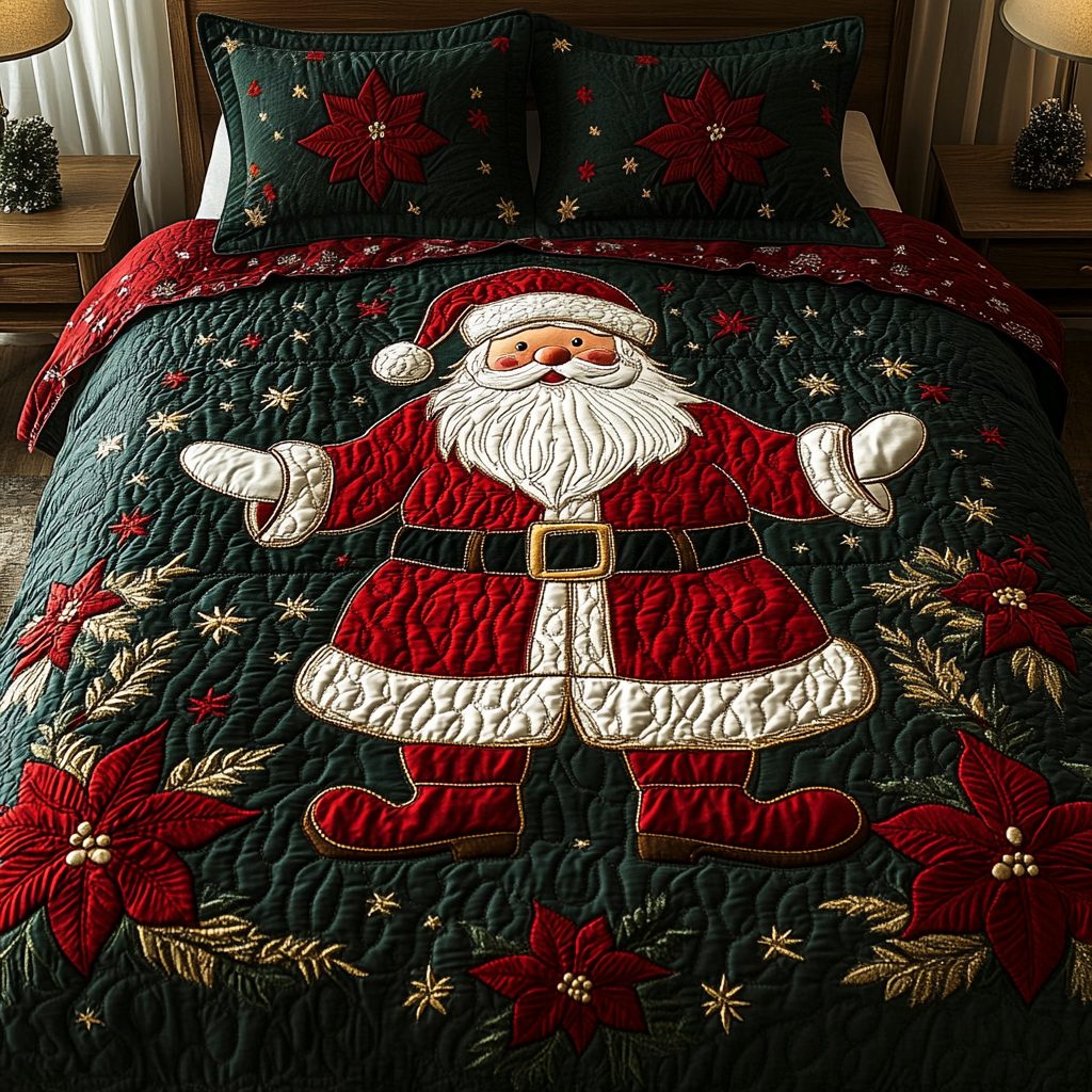 Kris Kringle Charm quilted 3-piece bedding set on a made bed with two matching pillow shams