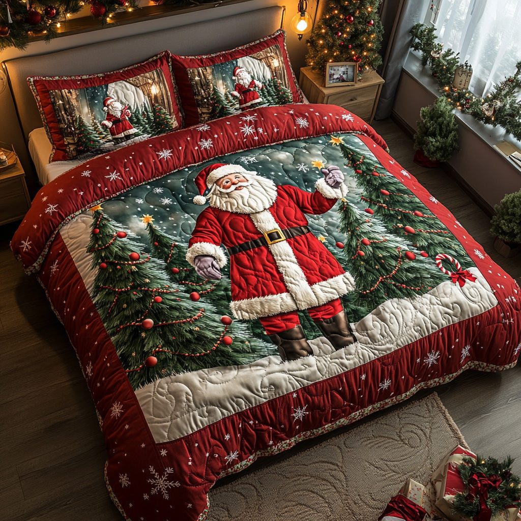 Kris Kringle Glow quilted 3-piece bedding set on a made bed with two matching pillow shams
