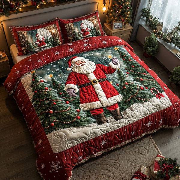 Kris Kringle Glow quilted 3-piece bedding set on a made bed with two matching pillow shams