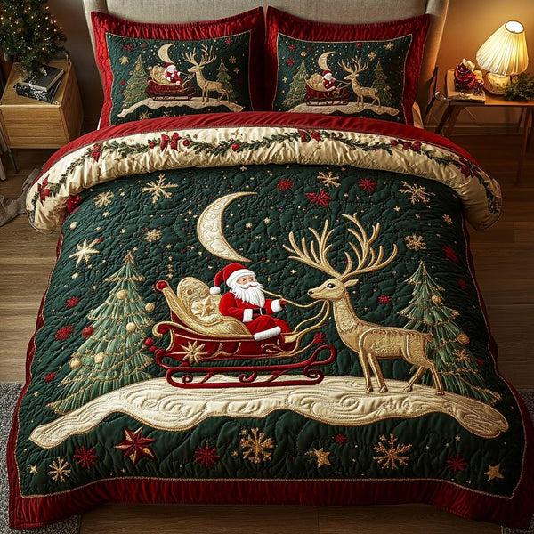 Kris Kringle Magic quilted 3-piece bedding set on a made bed with two matching pillow shams