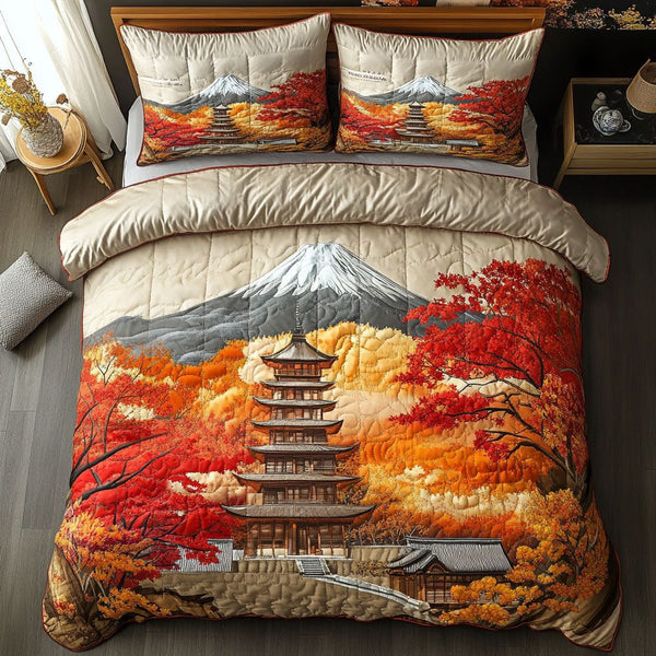 Kyoto Blooming Days quilted 3-piece bedding set on a made bed with two matching pillow shams