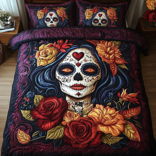 La Belle Muerte quilted 3-piece bedding set on a made bed with two matching pillow shams