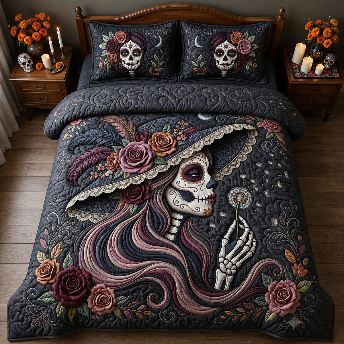 La Catrina Blowing Wishes Dandelion quilted 3-piece bedding set on a made bed with two matching pillow shams