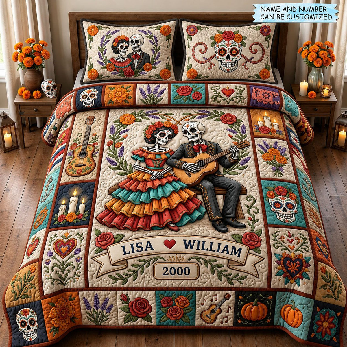 La Catrina Couple quilted 3-piece bedding set on a made bed with two matching pillow shams