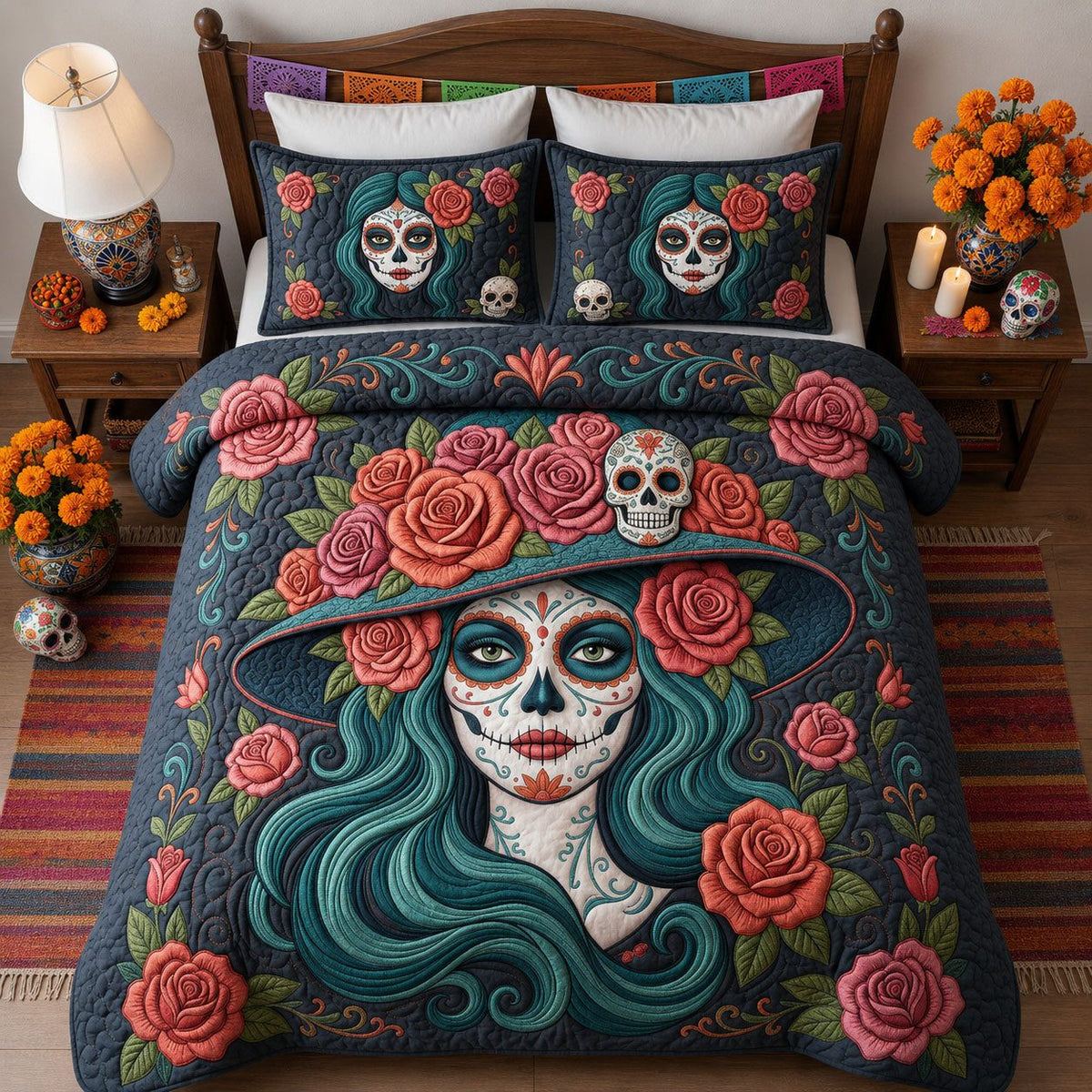 La Catrina Girl quilted 3-piece bedding set on a made bed with two matching pillow shams
