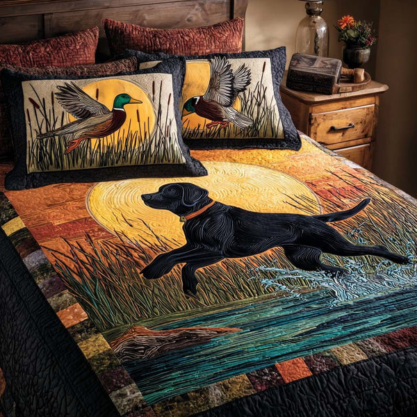 Lab Serenity quilted 3-piece bedding set on a made bed with two matching pillow shams