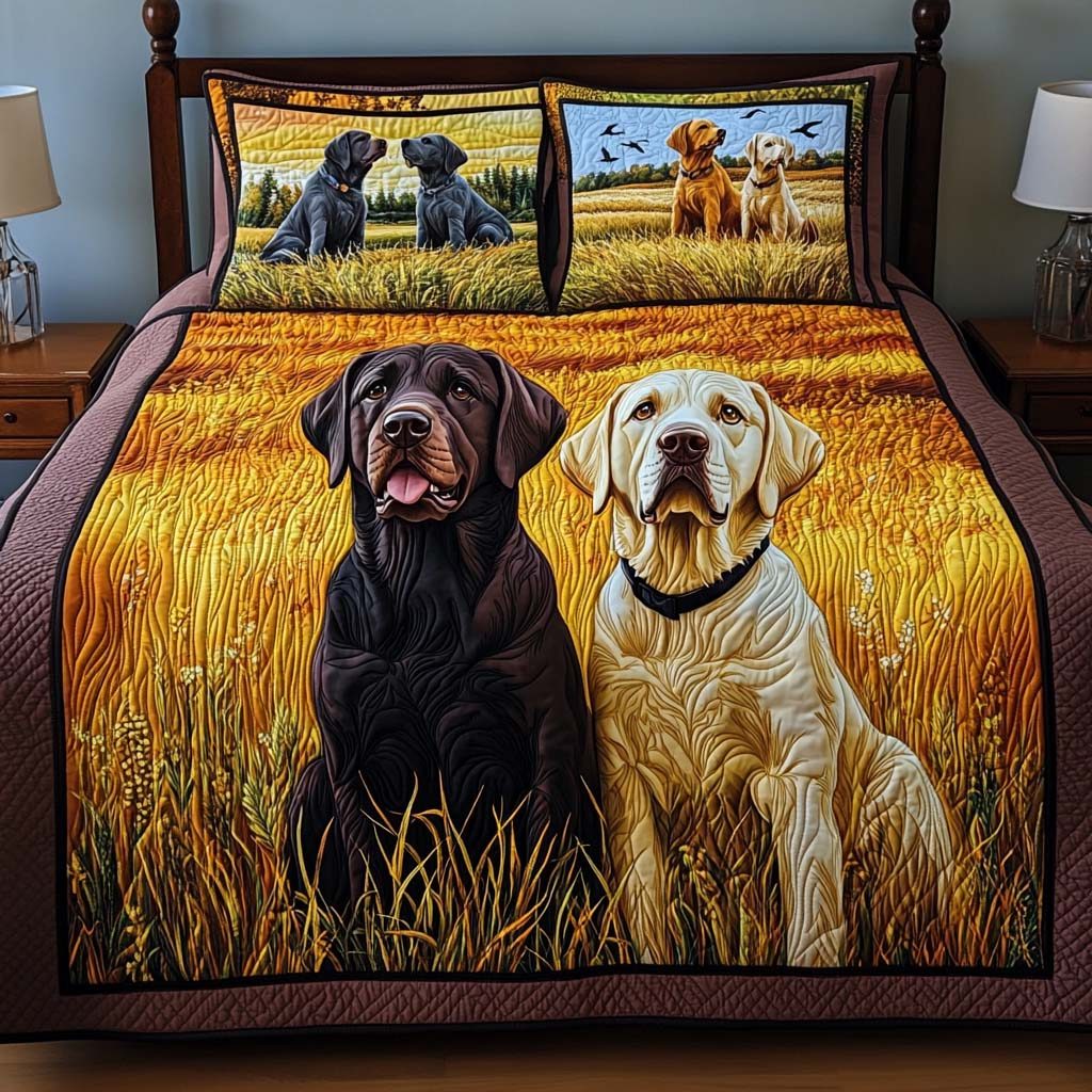 Lab Wilderness quilted 3-piece bedding set on a made bed with two matching pillow shams