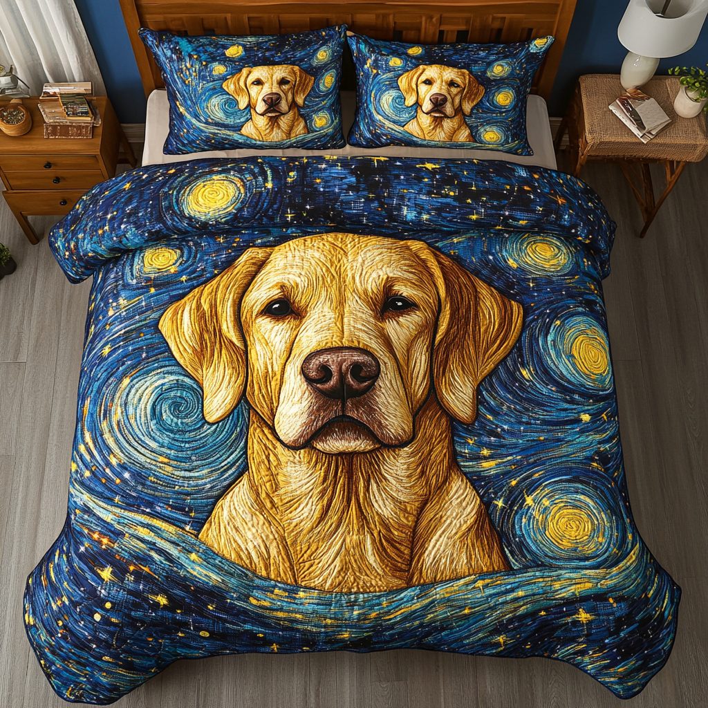 Labrador Dream quilted 3-piece bedding set on a made bed with two matching pillow shams