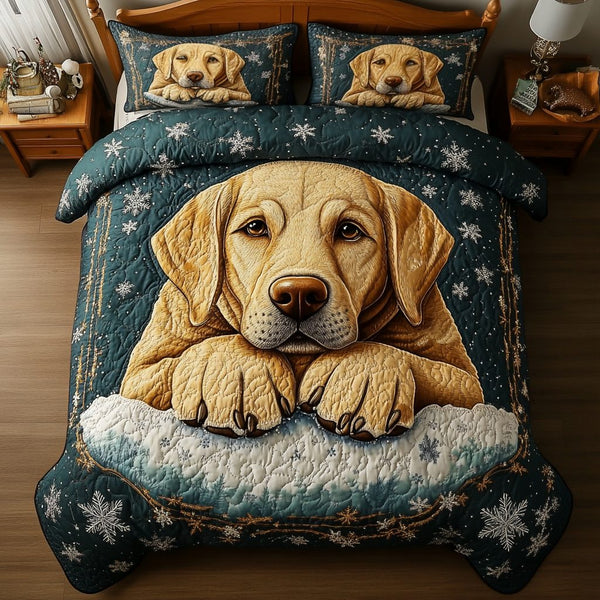 Labrador Nap quilted 3-piece bedding set on a made bed with two matching pillow shams