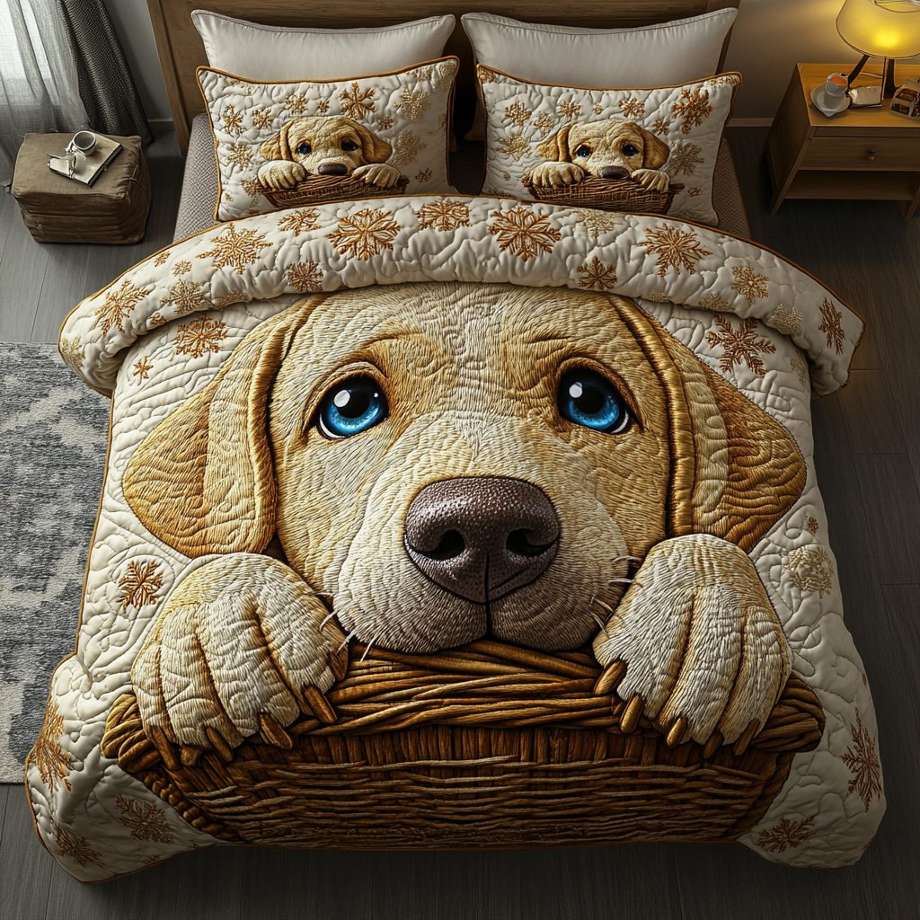 Labrador Peace quilted 3-piece bedding set on a made bed with two matching pillow shams