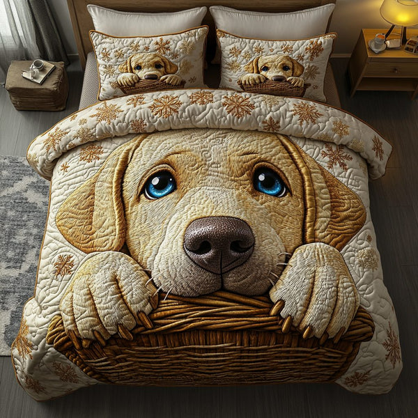 Labrador Peace quilted 3-piece bedding set on a made bed with two matching pillow shams