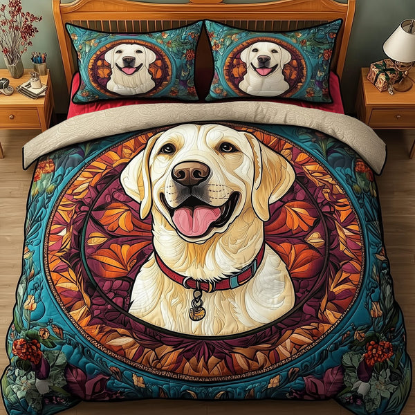Labrador quilted 3-piece bedding set on a made bed with two matching pillow shams