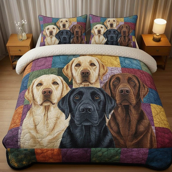 Labrador quilted 3-piece bedding set on a made bed with two matching pillow shams