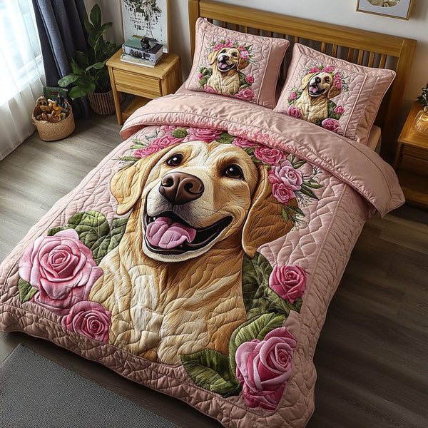 Labrador Rest quilted 3-piece bedding set on a made bed with two matching pillow shams